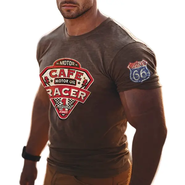 Men's Retro Western Route 66 Patch Print Cafe Racer T-Shirt - Wayrates.com 
