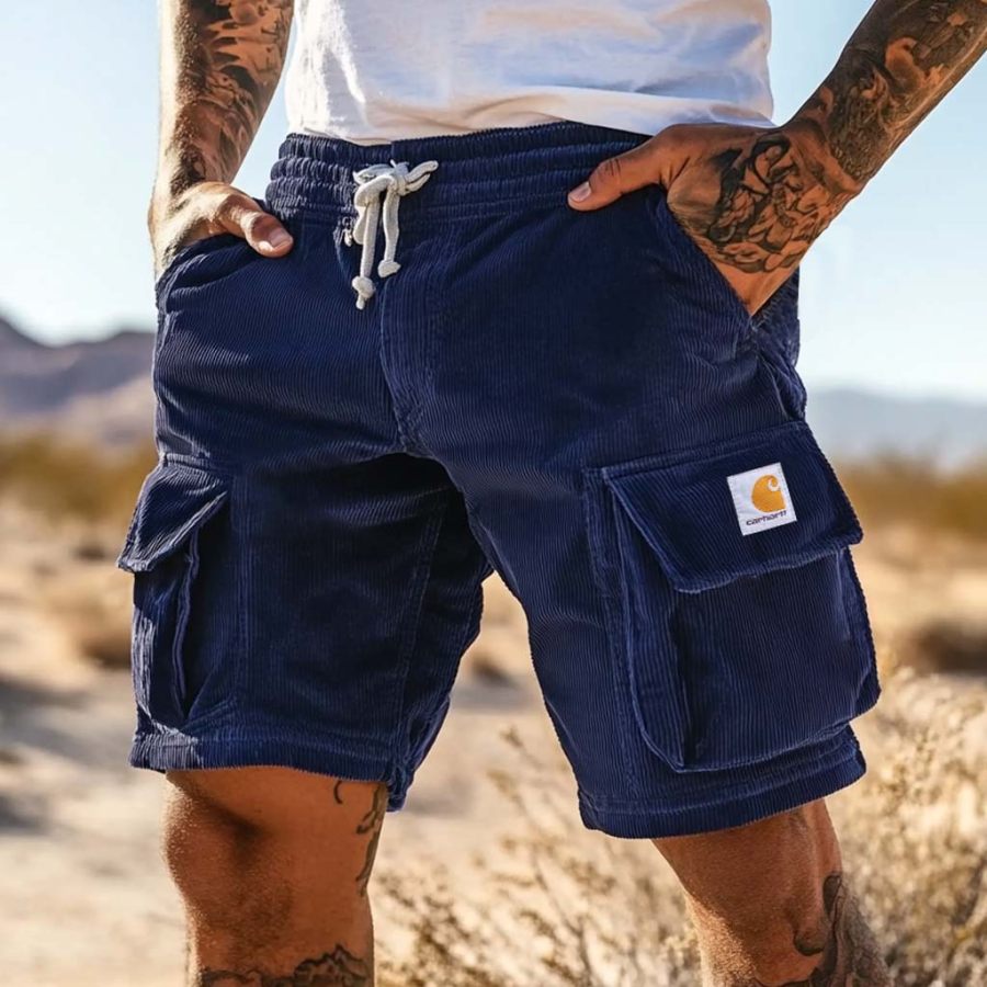 

Men's Navy Corduroy Surf Shorts Multi-Pocket Elastic Drawstring Vintage Outdoor Daily Casual Walkshort