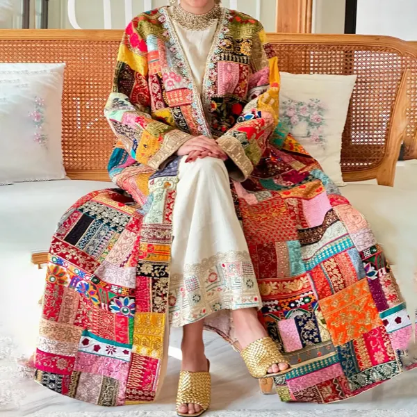 Women's Middle Eastern Patchwork Print Jalabiyas Maxi Coat Dress - Ootdyouth.com 