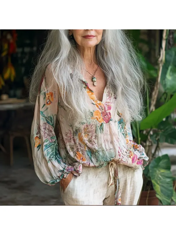 Women's Elegant Bohemian Floral Blouse With Tied Waist Embroidered Shirt - Localziv.com 