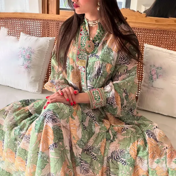 Women's Middle Eastern Tropical Floral Art Print Jalabiyas Dress - Spiretime.com 