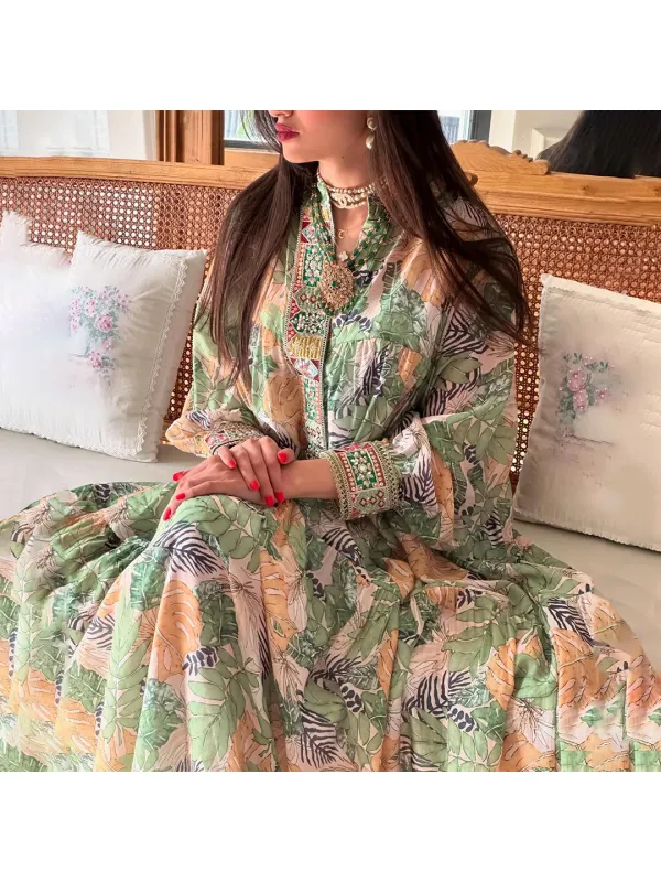 Women's Middle Eastern Tropical Floral Art Print Jalabiyas Dress - Ootdmw.com 