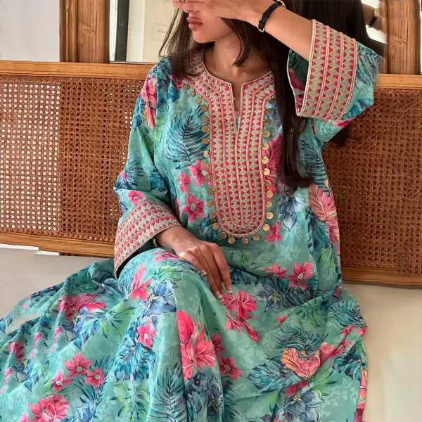 Womens Middle Eastern Tropical Gorgeous Floral Art Print Jalabiyas Dress - Spiretime.com 