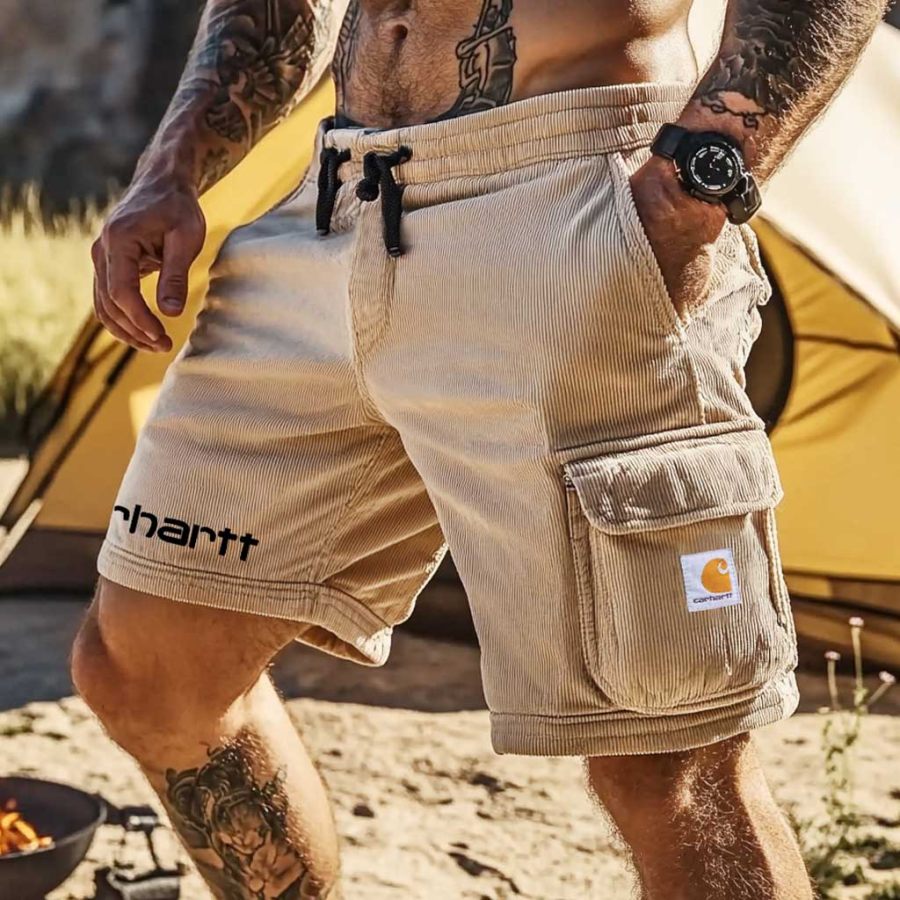 

Men's Vintage Corduroy Cargo Shorts Multi-Pocket Outdoor Drawstring Elastic Beige Walkshort