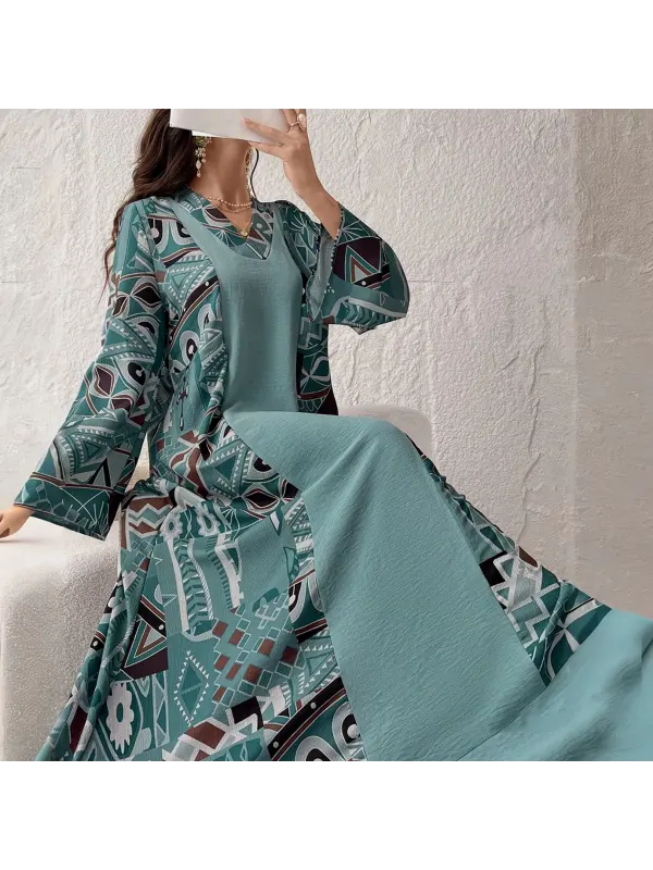 Women's Middle Eastern Gorgeous V-neck Arabic Style Print Blue Solid Color Simple Jalabiyas Kaftan - Localziv.com 