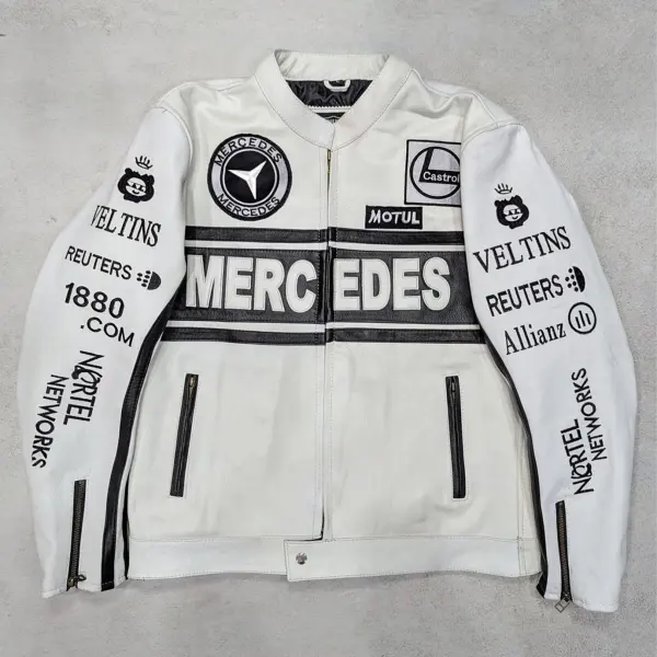 Unisex 2025 Newest Retro Racing Zip Long Sleeve White Big Logo PU Leather Jacket - Wayrates.com 