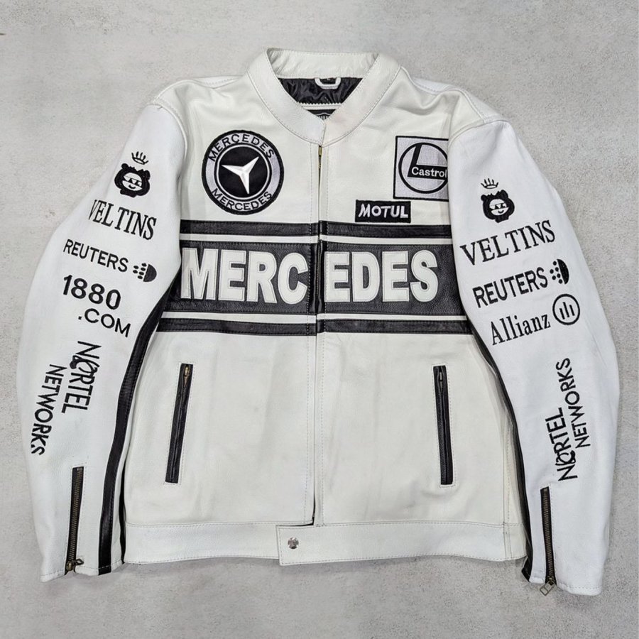 

Unisex 2025 Newest Retro Racing Zip Long Sleeve White Big Logo PU Leather Jacket