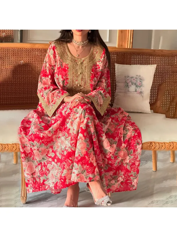 Women's Middle Eastern Romantic Floral Print Dress - Localziv.com 