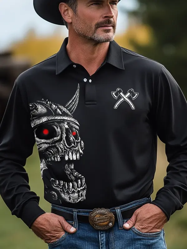 Men's Ax Throwing Competition Skull Head Printed Long Sleeved Polo Shirt Only $29.99 - Pragmaace.com 