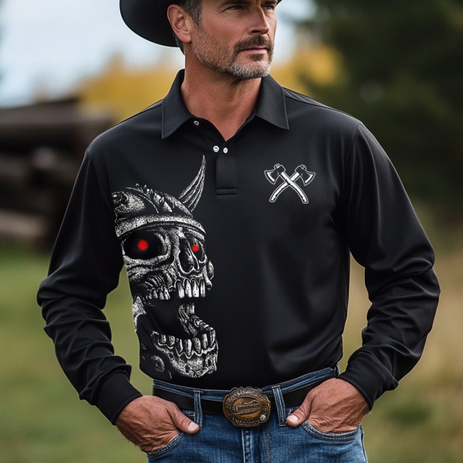 

Men's Ax Throwing Competition Skull Head Printed Long Sleeved Polo Shirt