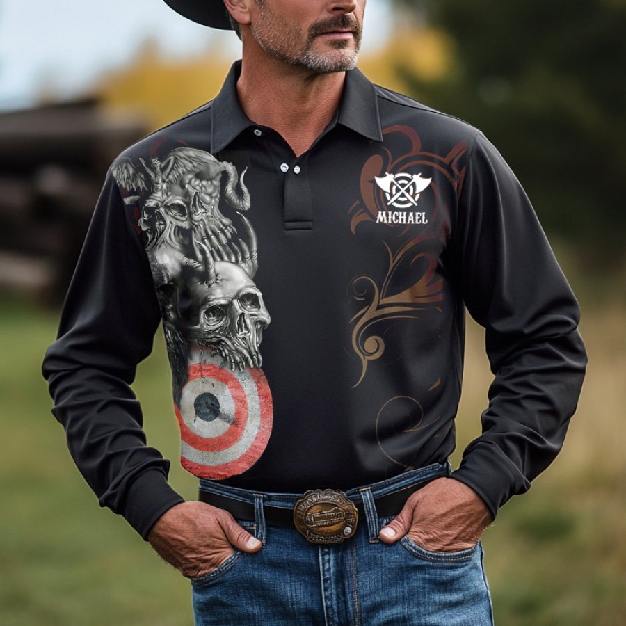 

Men's Ax Throwing Competition Flying Dragon Printed Long Sleeved Polo Shirt