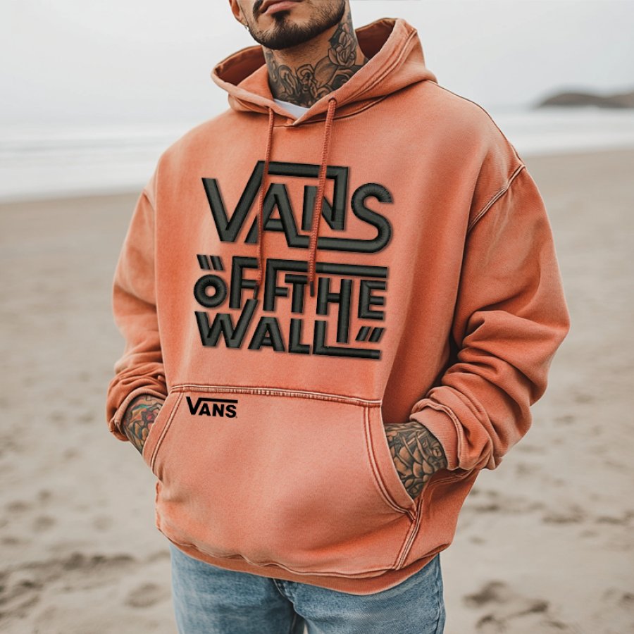 

Men's Off The Wall Vintage Distressed Washed Orange Three-dimensional Pocket Surf Hoodie