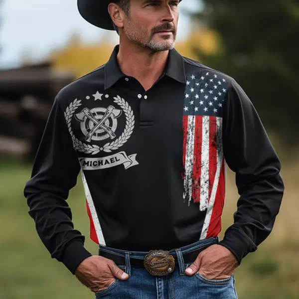 Men's Ax Throwing Competition American Flag Printed Long Sleeved Polo Shirt - Wayrates.com 