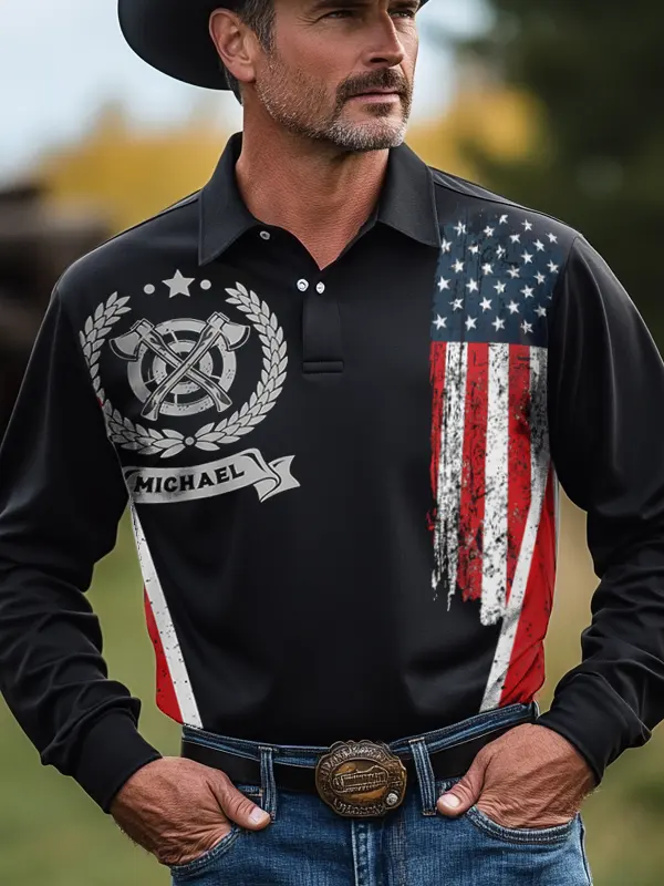 Men's Ax Throwing Competition American Flag Printed Long Sleeved Polo Shirt Only $28.99 - Pragmaace.com 