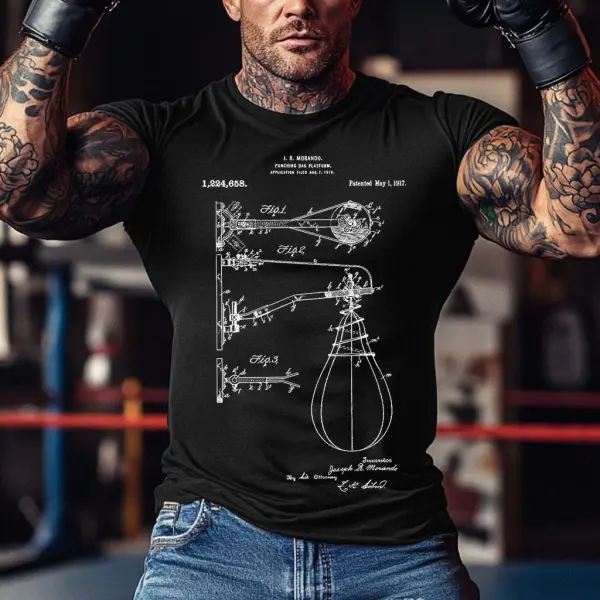 Men's Vintage Boxing 1917 Punching Bag Gym Construction Drawing Print Outdoor Short Sleeve T-shirt - Wayrates.com 