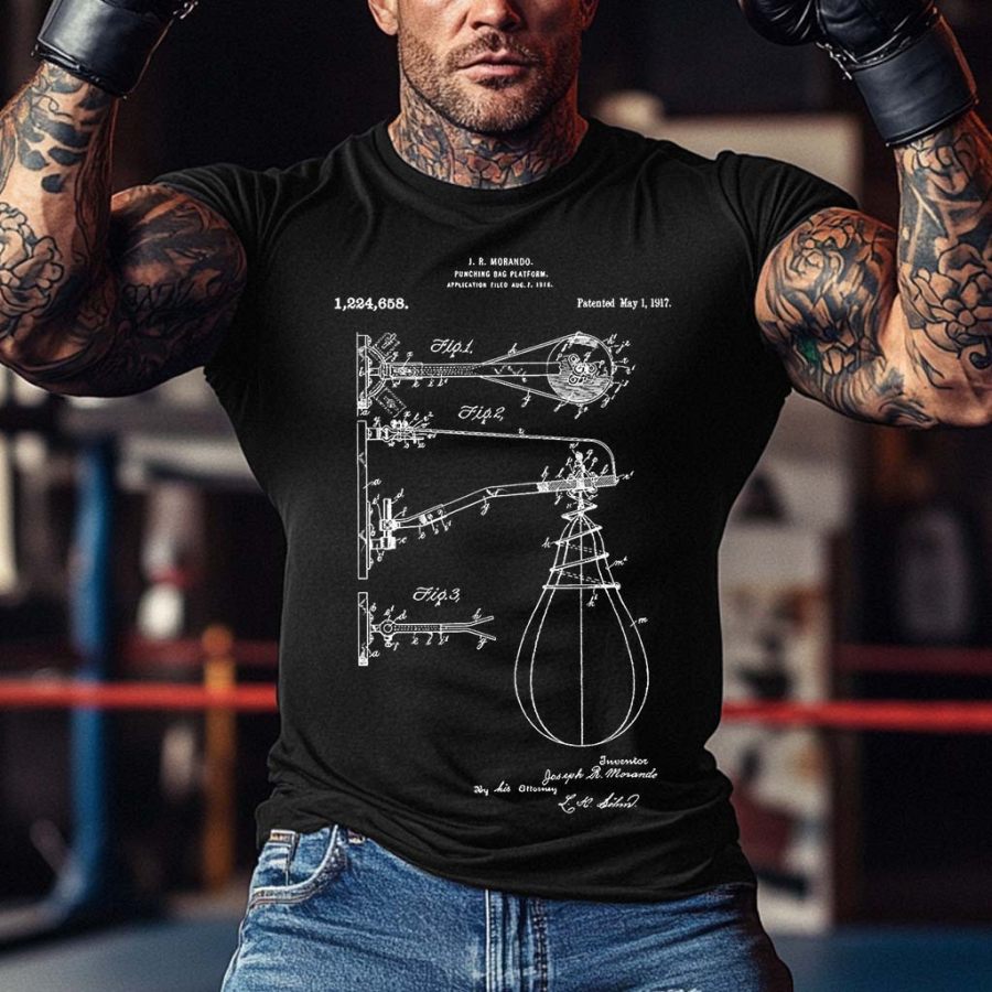 

Men's Vintage Boxing 1917 Punching Bag Gym Construction Drawing Print Outdoor Short Sleeve T-shirt