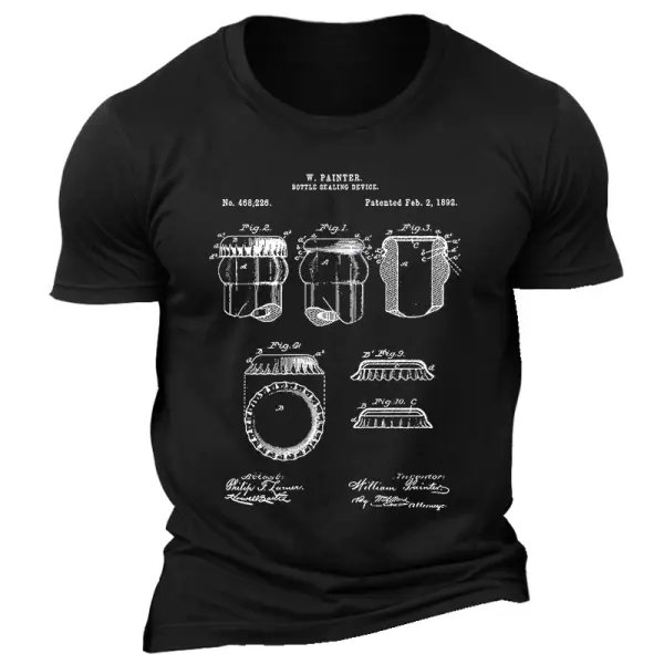 Men's Vintage Beer Bottle Cap Patent Construction Drawing Print Outdoor Short Sleeve T-shirt Only $19.99 - Elementnice.com 