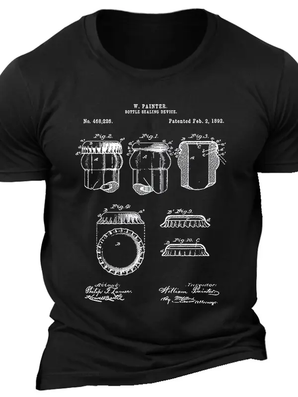 Men's Vintage Beer Bottle Cap Patent Construction Drawing Print Outdoor Short Sleeve T-shirt Only $19.99 - Pragmaace.com 
