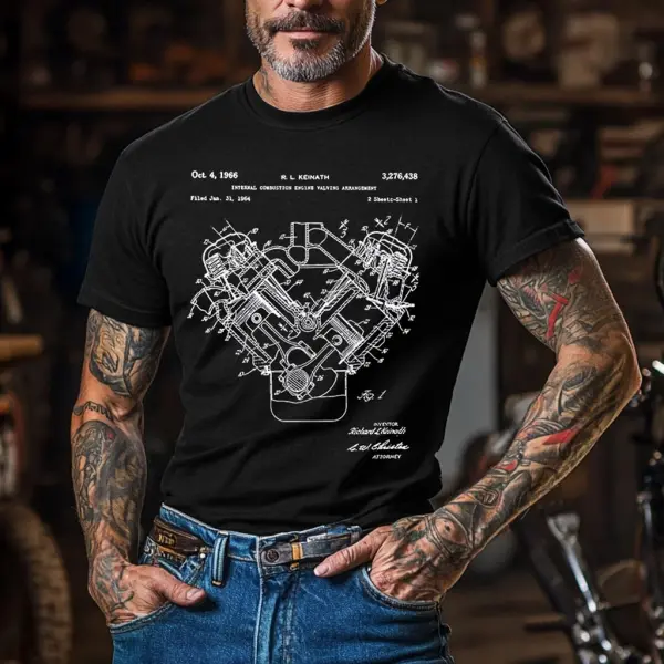 Men's Vintage Engine Patent Automotive Print Outdoor Short Sleeve T-shirt - Wayrates.com 