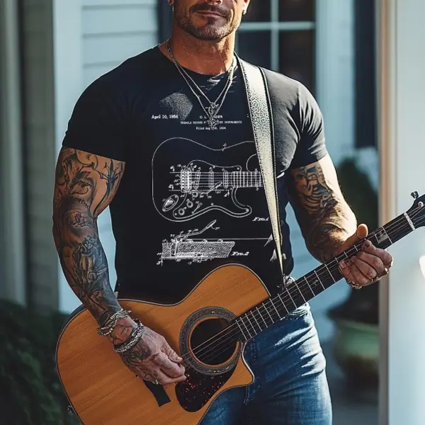 Men's Vintage Electric Guitar Patent Design Music Lover Print Outdoor Short Sleeve T-shirt - Wayrates.com 
