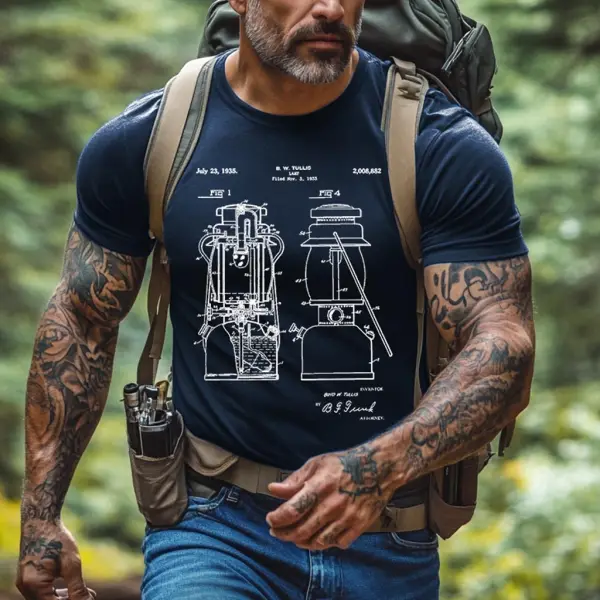 Men's Vintage Camping Gas Lantern Patent Structure Drawing Print Outdoor Short Sleeve T-shirt - Wayrates.com 
