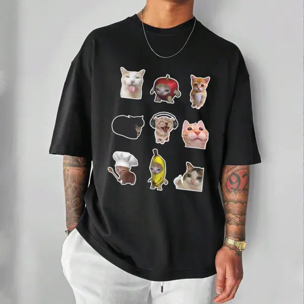 Unisex Funny Cat Print Black Short Sleeve Casual Loose T-shirt - Wayrates.com 