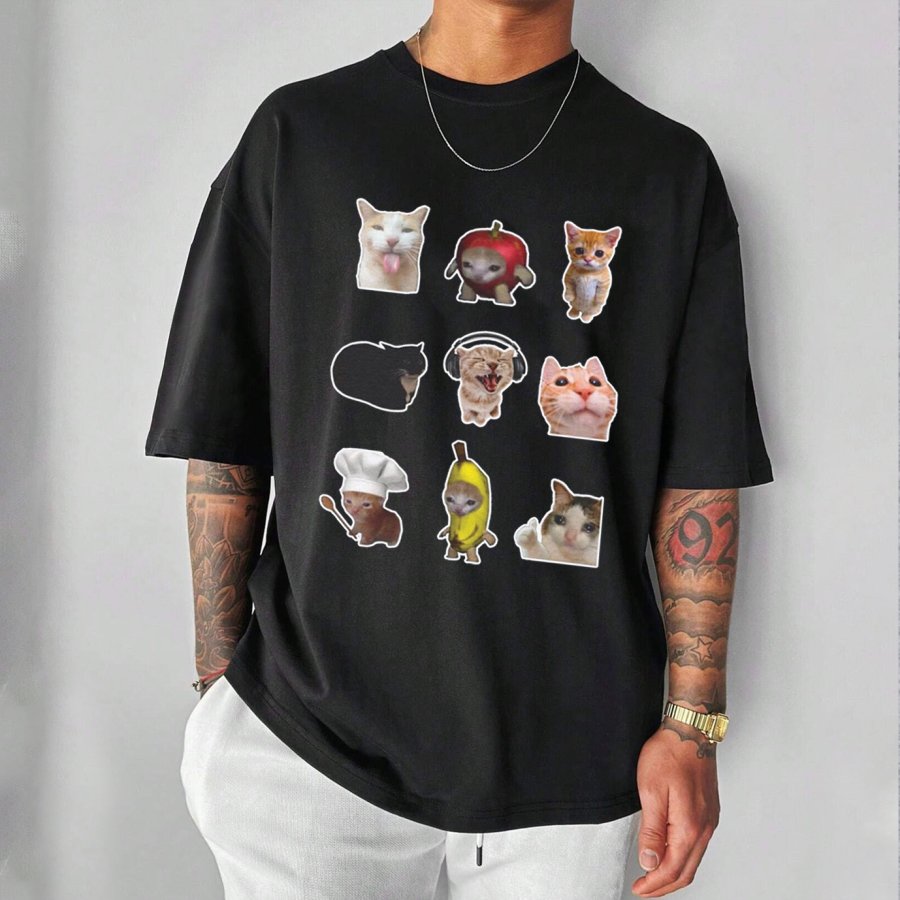 

Unisex Funny Cat Print Black Short Sleeve Casual Loose T-shirt