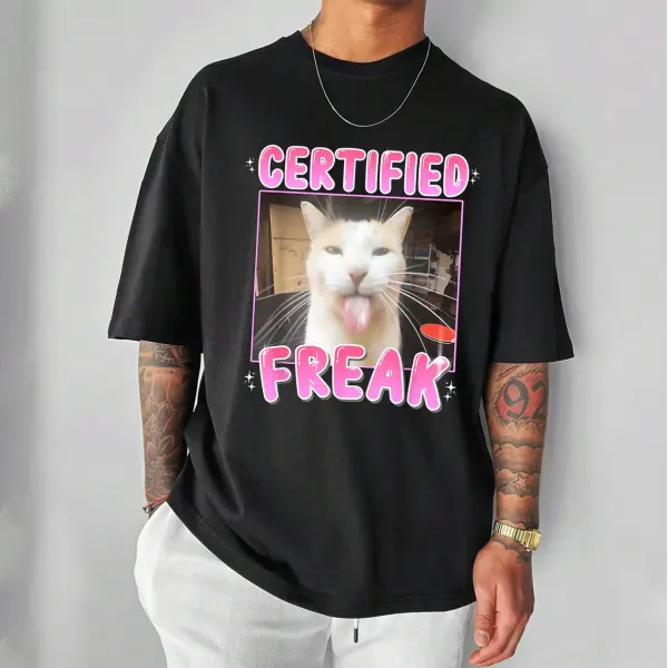 Unisex Funny Cat Print Black Short Sleeve Casual Loose T-shirt - Wayrates.com 