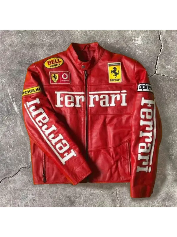 Unisex 2025 Newest Retro Racing Zip Long Sleeve Big Logo PU Leather Jacket - Aptkoi.com 