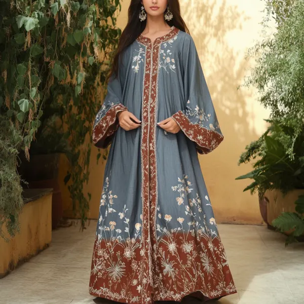 Women's Middle Eastern Floral Print Contrast Color Stitching Temperament Four Seasons Robe Dress - Spiretime.com 