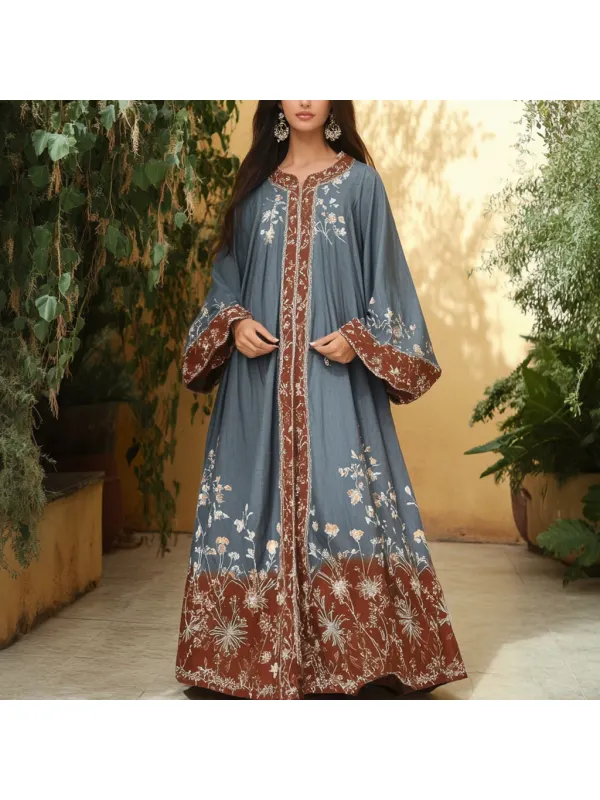 Women's Middle Eastern Floral Print Contrast Color Stitching Temperament Four Seasons Robe Dress - Ootdmw.com 