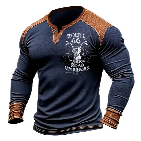 Men's Vintage Route 66 Road Warriors Motorcycle Print Color Block Outdoor Long Sleeve V-Neck T-shirt - Cotosen.com 