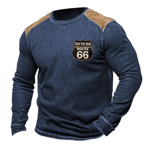 Men's Vintage Route 66 Road Trip Distressed Contrast Crew Neck Long Sleeve Sweatshirt - Cotosen.com 