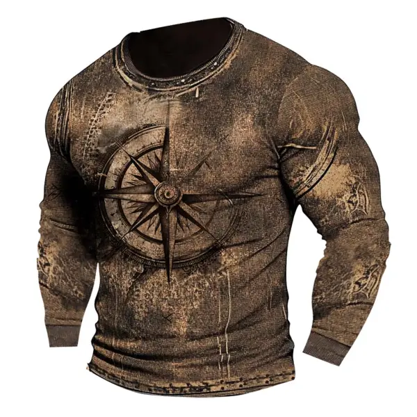 Men's Vintage Compass Print Outdoor Long Sleeve Crew Neck T-shirt - Cotosen.com 