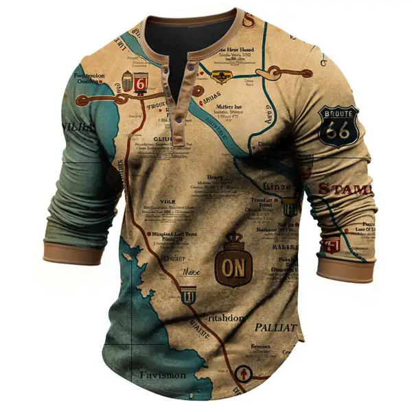 Men's Vintage Route 66 Road Trip Nautical Map Outdoor Long Sleeve Henley T-shirt - Cotosen.com 