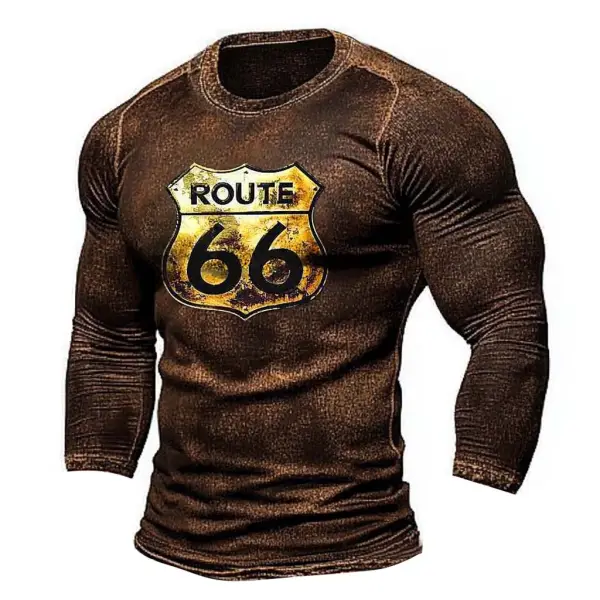 Men's Vintage Route Road Trip Print Outdoor Long Sleeve Crew Neck T-shirt - Cotosen.com 