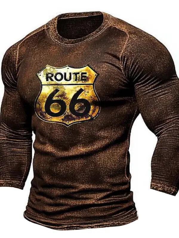 Men's Vintage Route Road Trip Print Outdoor Long Sleeve Crew Neck T-shirt - Menbarn.com 
