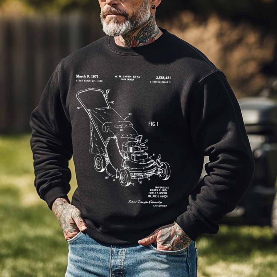 

Men's Vintage Push Lawn Mower Patent Print Crew Neck Long Sleeve Sweatshirt