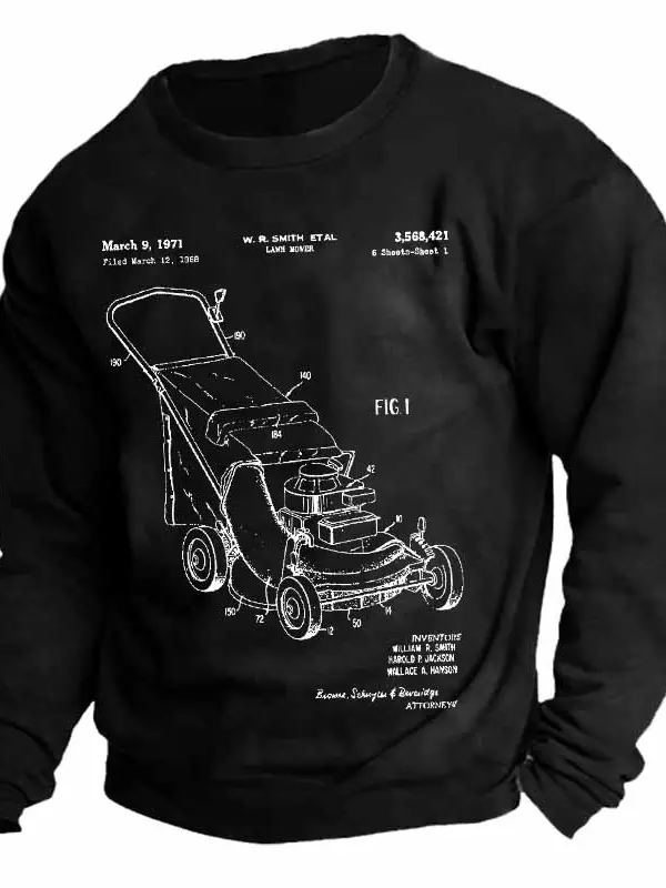 Men's Vintage Push Lawn Mower Patent Print Crew Neck Long Sleeve Sweatshirt - Simplyion.com 