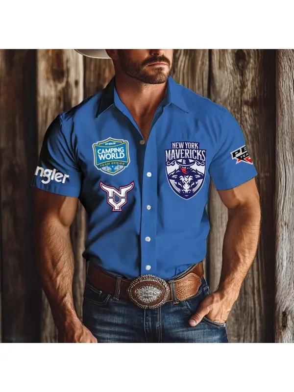Men's Western Cowboy NYM Team Outdoor Short Sleeve Blue Rodeo Shirts - Aptkoi.com 