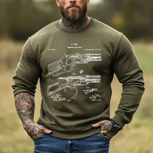 Men's Vintage Model 1866 Patent Hunting Print Crew Neck Long Sleeve Sweatshirt - Wayrates.com 