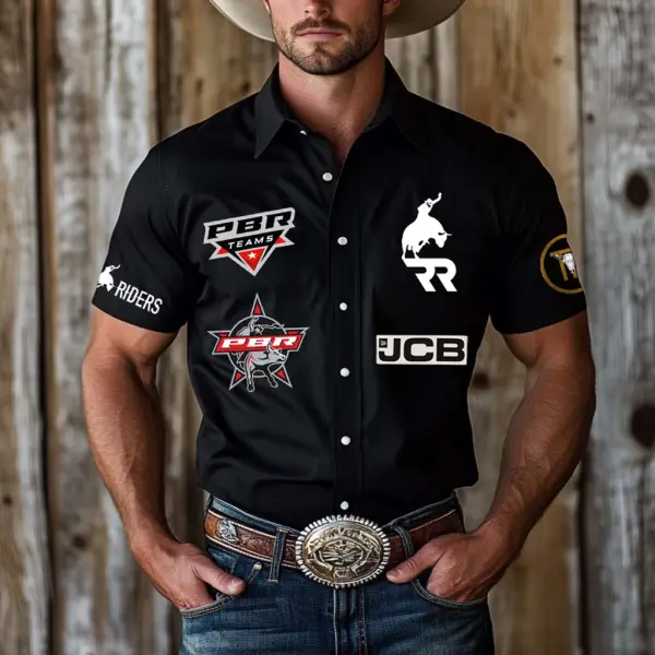 Men's Western Cowboy Riders Team Outdoor Short Sleeve Black Rodeo Shirts - Upgradecool.com 