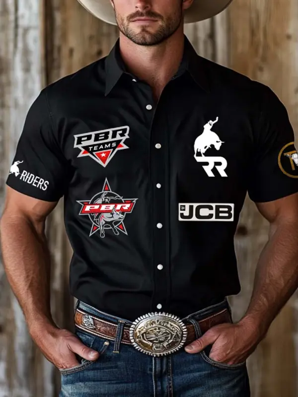 Men's Western Cowboy Riders Team Outdoor Short Sleeve Black Rodeo Shirts - Pragmaace.com 
