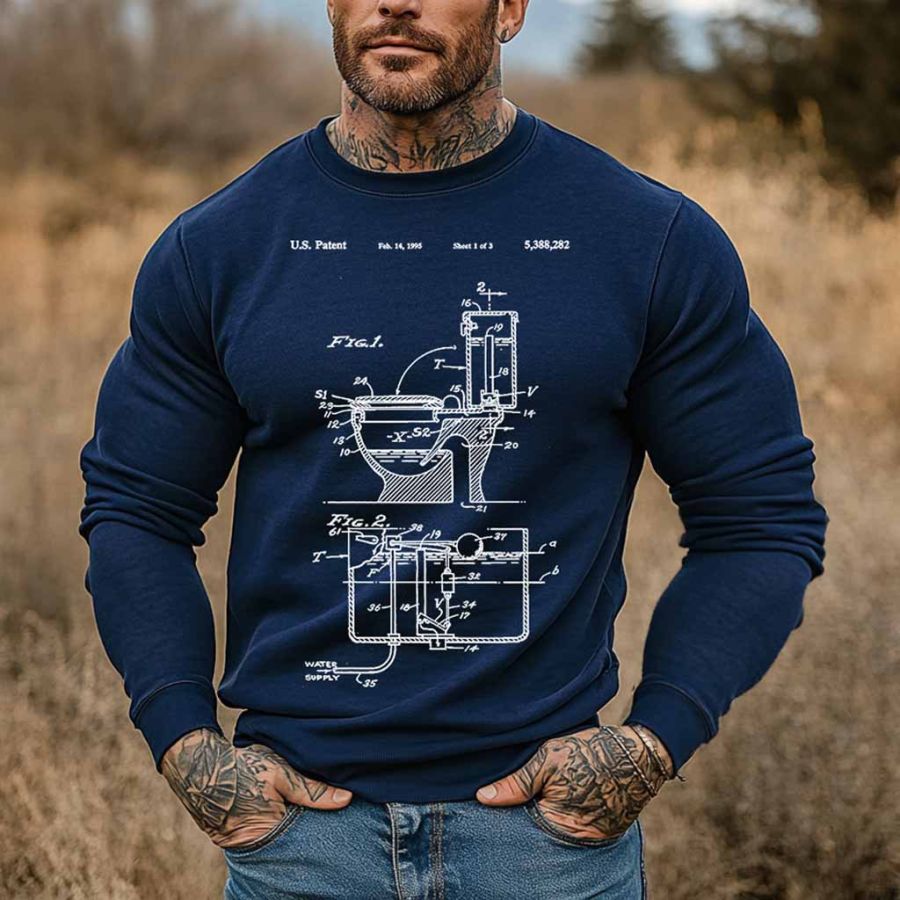 

Men's Vintage Toilet Patent Print Crew Neck Long Sleeve Sweatshirt