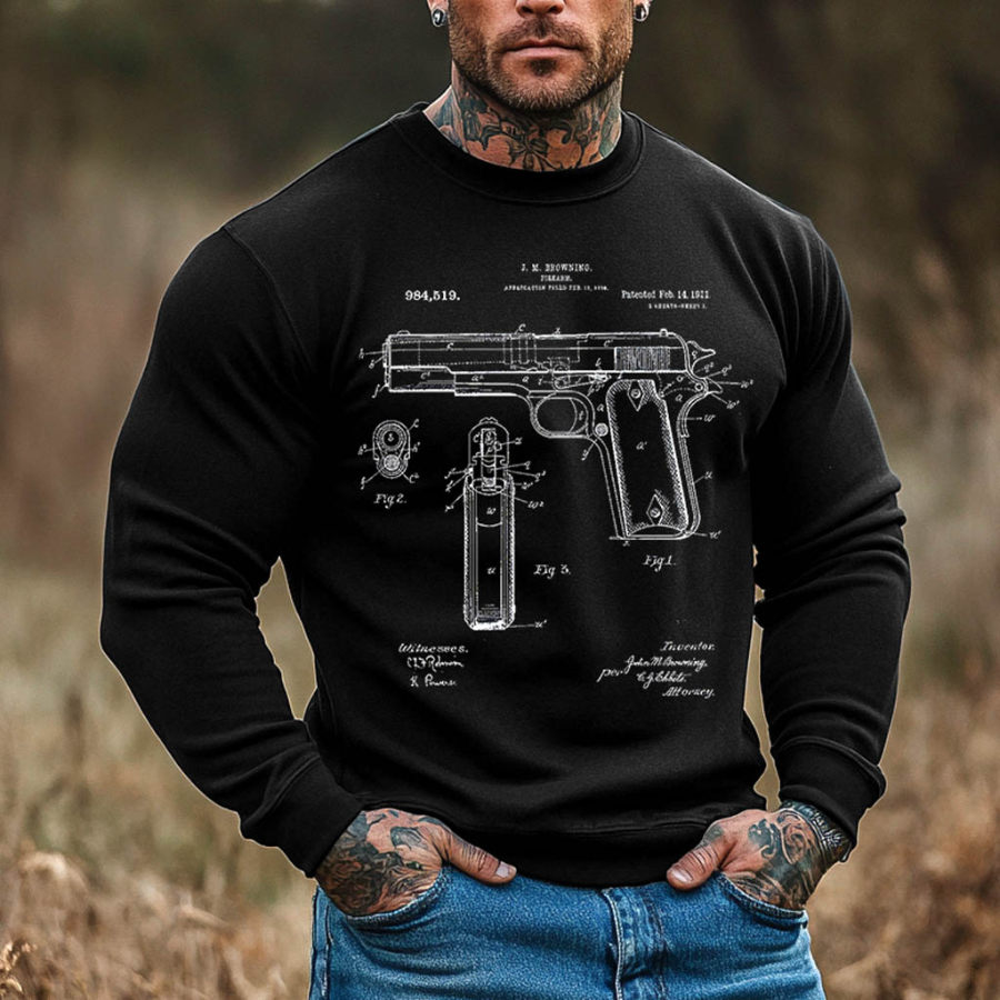 

Men's Vintage 1911 Pistol Print Crew Neck Long Sleeve Sweatshirt