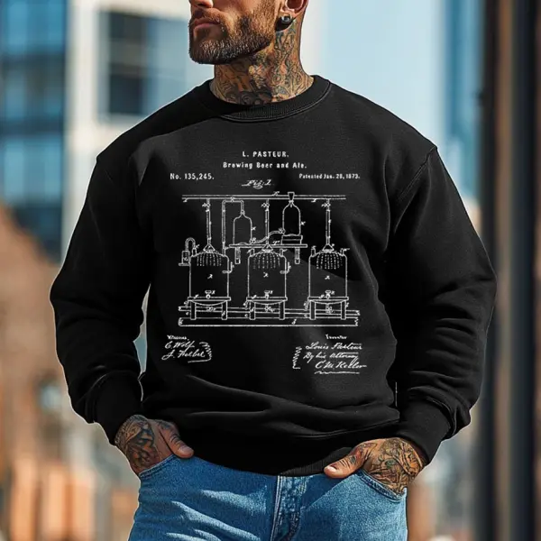 Men's Vintage Beer Gear Liquor Patent Print Crew Neck Long Sleeve Sweatshirt - Wayrates.com 