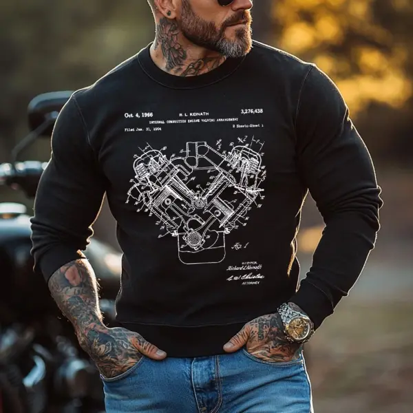 Men's Vintage Engine Patent Automotive Print Crew Neck Long Sleeve Sweatshirt - Wayrates.com 
