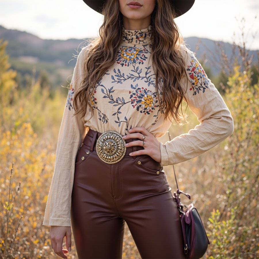 

Women's Bohemian Floral Embroidered Top With Leather Belt And Pants