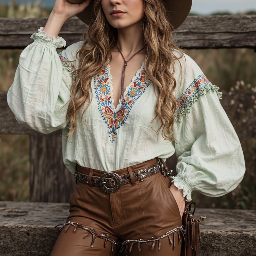 

Women's Bohemian Embroidered Blouse With Leather Fringe Details