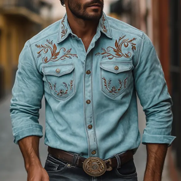 Men's Vintage Western Style Suede Embroidered Shirt - Wayrates.com 
